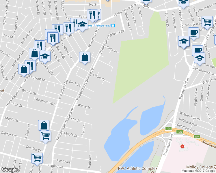 map of restaurants, bars, coffee shops, grocery stores, and more near 588 Linden Street in West Hempstead