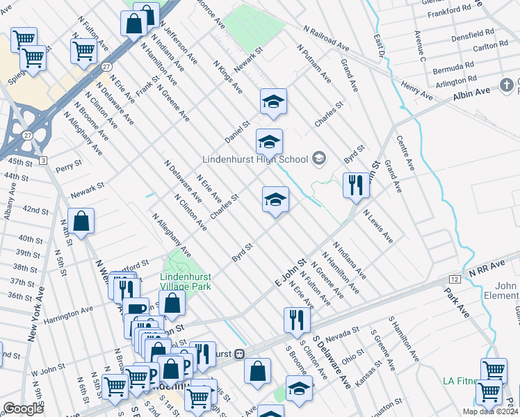 map of restaurants, bars, coffee shops, grocery stores, and more near 345 North Greene Avenue in Lindenhurst