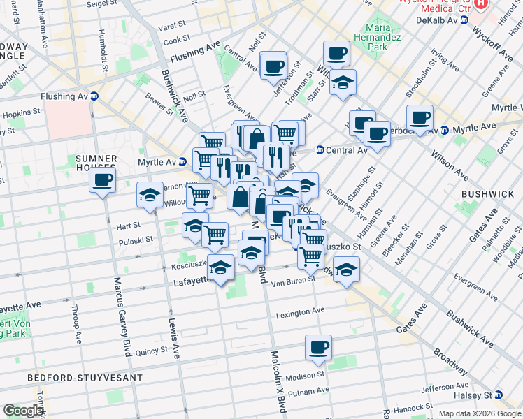 map of restaurants, bars, coffee shops, grocery stores, and more near 16 Lawton Street in Brooklyn