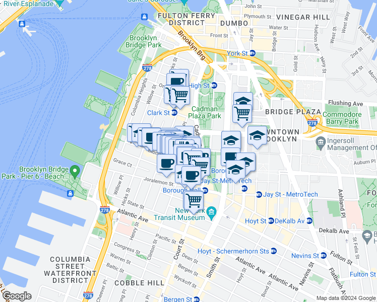 map of restaurants, bars, coffee shops, grocery stores, and more near 135 Pierrepont Street in Brooklyn