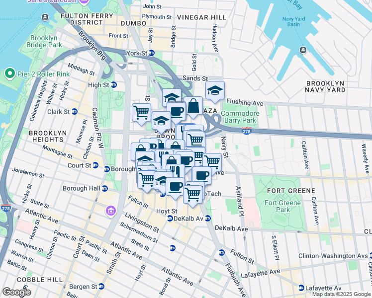 map of restaurants, bars, coffee shops, grocery stores, and more near 171 Johnson Street in Brooklyn