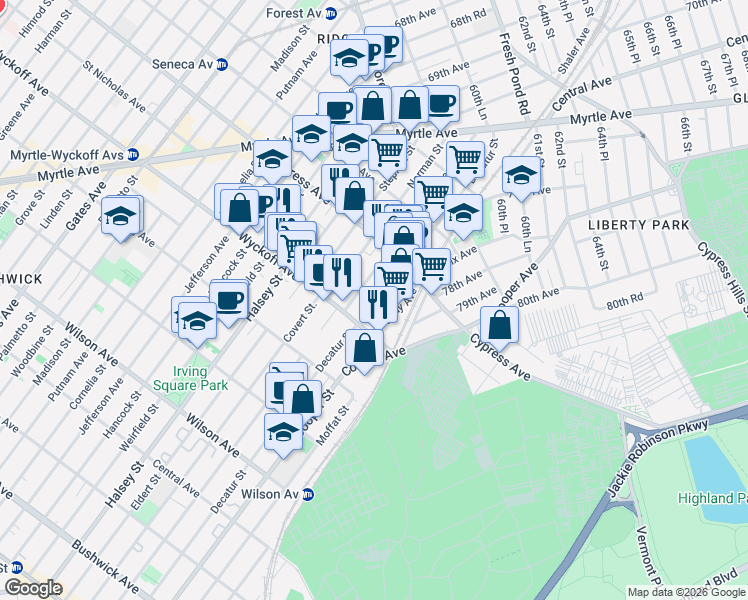 map of restaurants, bars, coffee shops, grocery stores, and more near 16-36 Decatur Street in Queens