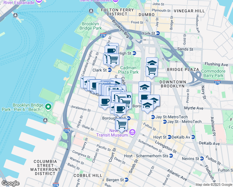 map of restaurants, bars, coffee shops, grocery stores, and more near 129 Pierrepont Street in Brooklyn