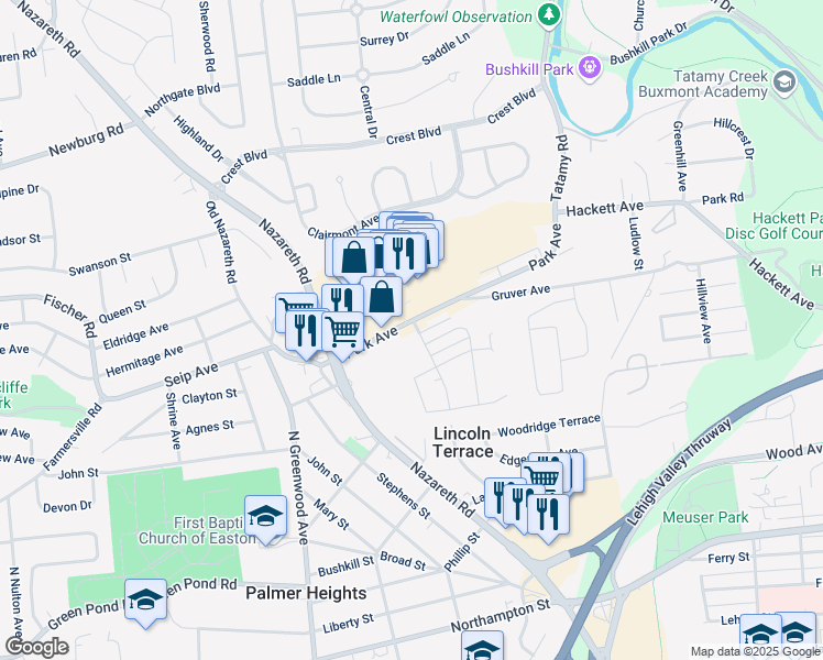 map of restaurants, bars, coffee shops, grocery stores, and more near 2930 Woodlawn Avenue in Easton