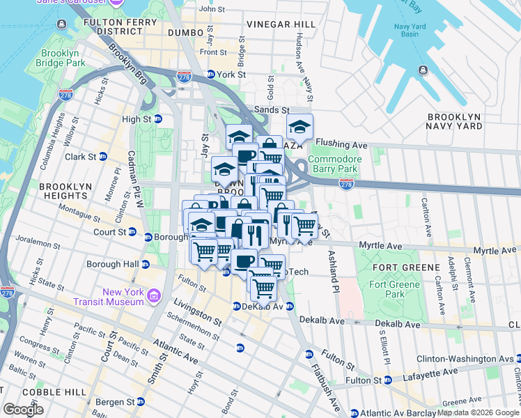 map of restaurants, bars, coffee shops, grocery stores, and more near 306 Gold Street in Brooklyn