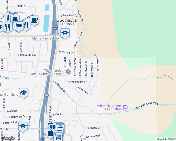 map of restaurants, bars, coffee shops, grocery stores, and more near 3509 South Westwood Drive in Salt Lake City