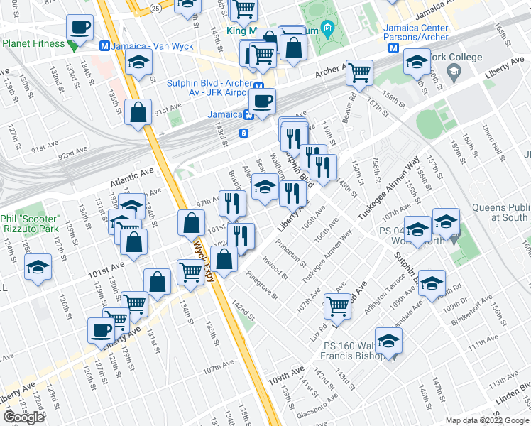 map of restaurants, bars, coffee shops, grocery stores, and more near 143-20 101st Avenue in Queens