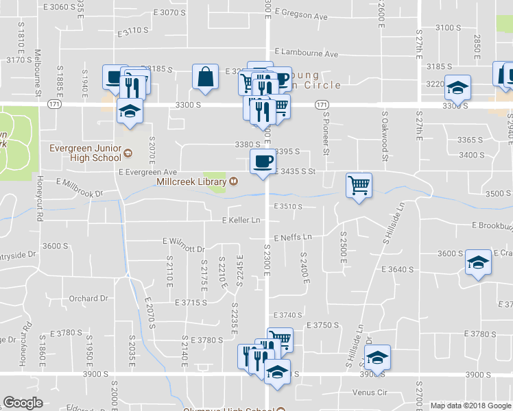 map of restaurants, bars, coffee shops, grocery stores, and more near 3506 South 2300 East in Salt Lake City