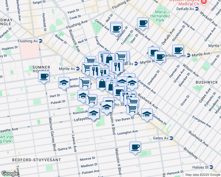map of restaurants, bars, coffee shops, grocery stores, and more near 16 Lawton Street in Brooklyn