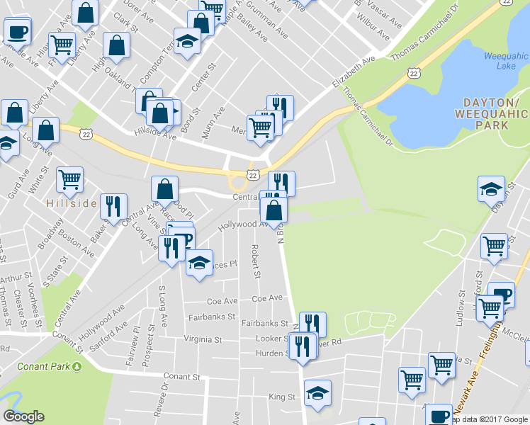 map of restaurants, bars, coffee shops, grocery stores, and more near 22 Ridgeway Avenue in Hillside