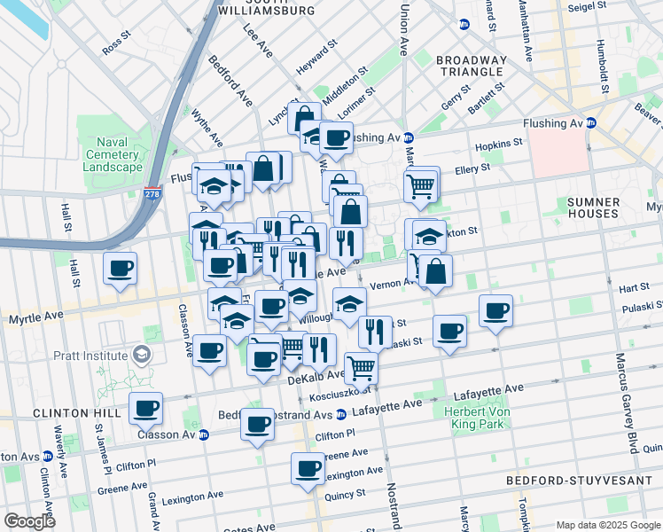 map of restaurants, bars, coffee shops, grocery stores, and more near 722 Myrtle Avenue in Brooklyn