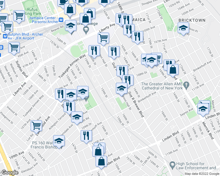 map of restaurants, bars, coffee shops, grocery stores, and more near 108-25 160th Street in Queens
