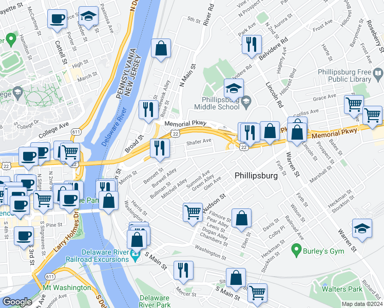 map of restaurants, bars, coffee shops, grocery stores, and more near 233 Morris Street in Phillipsburg