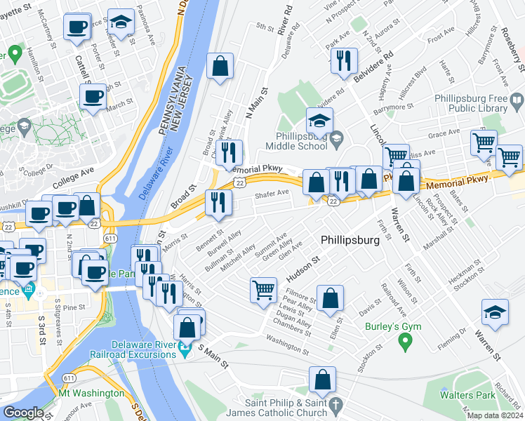 map of restaurants, bars, coffee shops, grocery stores, and more near 235 Morris Street in Phillipsburg