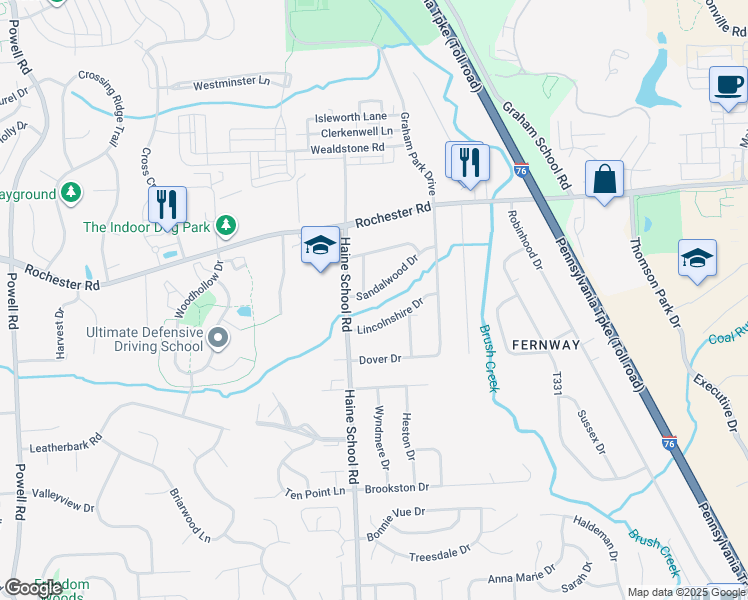 map of restaurants, bars, coffee shops, grocery stores, and more near 414 Lincolnshire Drive in Cranberry Township