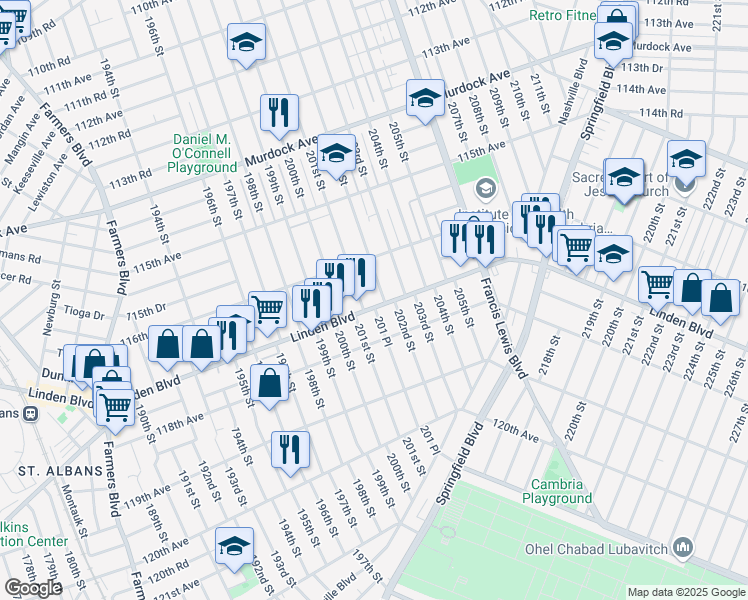 map of restaurants, bars, coffee shops, grocery stores, and more near 11646 202nd Street in Queens