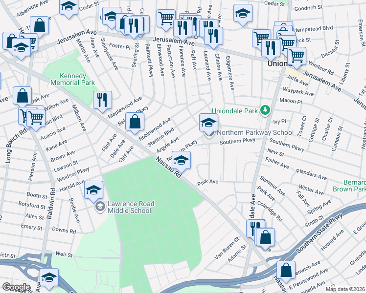 map of restaurants, bars, coffee shops, grocery stores, and more near 433 Northern Parkway in Uniondale