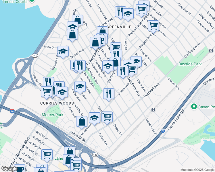 map of restaurants, bars, coffee shops, grocery stores, and more near 150 Pearsall Avenue in Jersey City