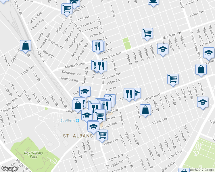 map of restaurants, bars, coffee shops, grocery stores, and more near 191-24 115th Road in Queens