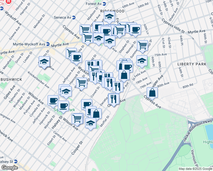 map of restaurants, bars, coffee shops, grocery stores, and more near 16-14 Summerfield Street in Queens