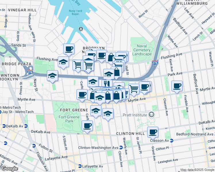 map of restaurants, bars, coffee shops, grocery stores, and more near 86 Clinton Avenue in Brooklyn