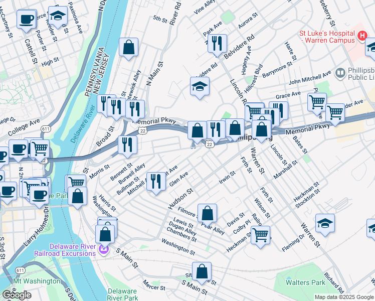 map of restaurants, bars, coffee shops, grocery stores, and more near 302 Morris Street in Phillipsburg