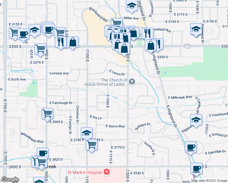 map of restaurants, bars, coffee shops, grocery stores, and more near 3515 South 1200 East in Millcreek
