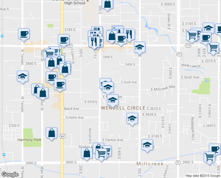 map of restaurants, bars, coffee shops, grocery stores, and more near 3515 South Blair Circle in South Salt Lake