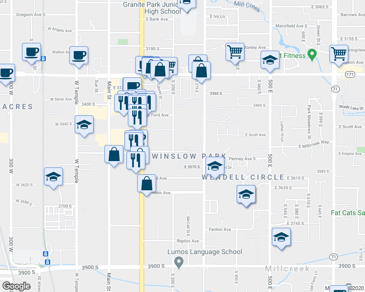 map of restaurants, bars, coffee shops, grocery stores, and more near 223 Winslow Avenue in Salt Lake City