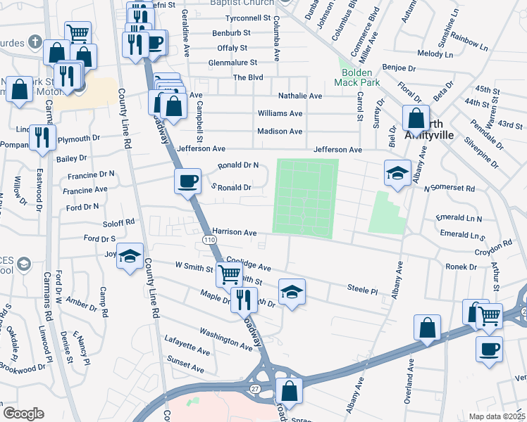 map of restaurants, bars, coffee shops, grocery stores, and more near 43E 43E Lee Place in Amityville