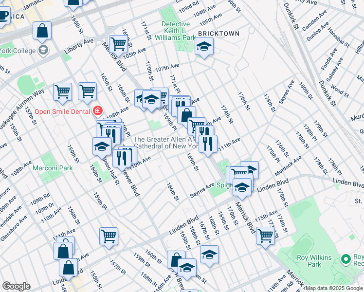map of restaurants, bars, coffee shops, grocery stores, and more near 110-19 169th Street in Queens