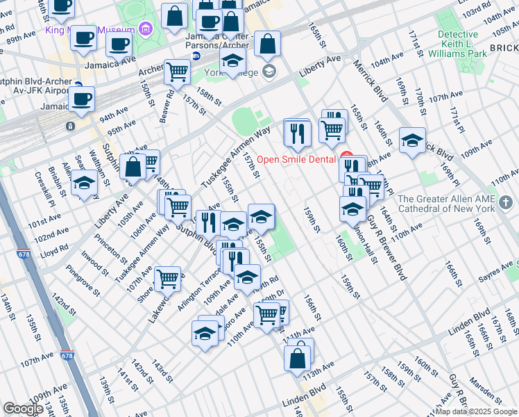 map of restaurants, bars, coffee shops, grocery stores, and more near 10734 156th Street in Queens