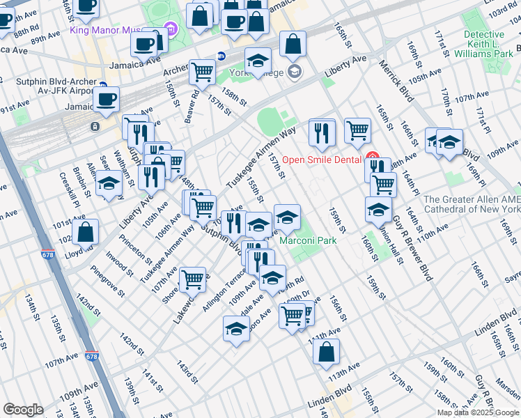 map of restaurants, bars, coffee shops, grocery stores, and more near 107-15 154th Street in Queens