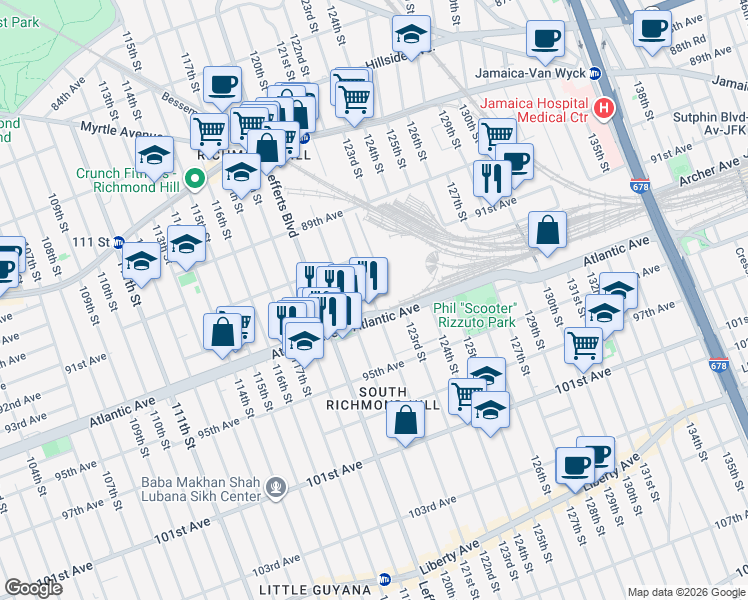 map of restaurants, bars, coffee shops, grocery stores, and more near 91-53 121st Street in Queens