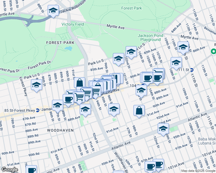 map of restaurants, bars, coffee shops, grocery stores, and more near 86-30 96th Street in Queens