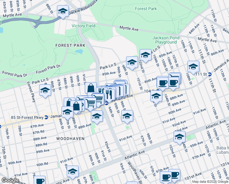 map of restaurants, bars, coffee shops, grocery stores, and more near 86-27 94th Street in Queens
