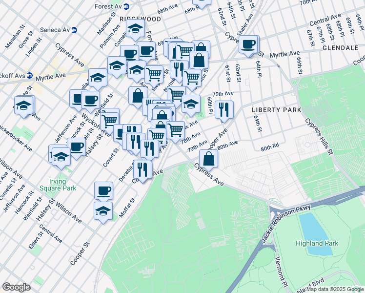 map of restaurants, bars, coffee shops, grocery stores, and more near 58-17 79th Avenue in Queens