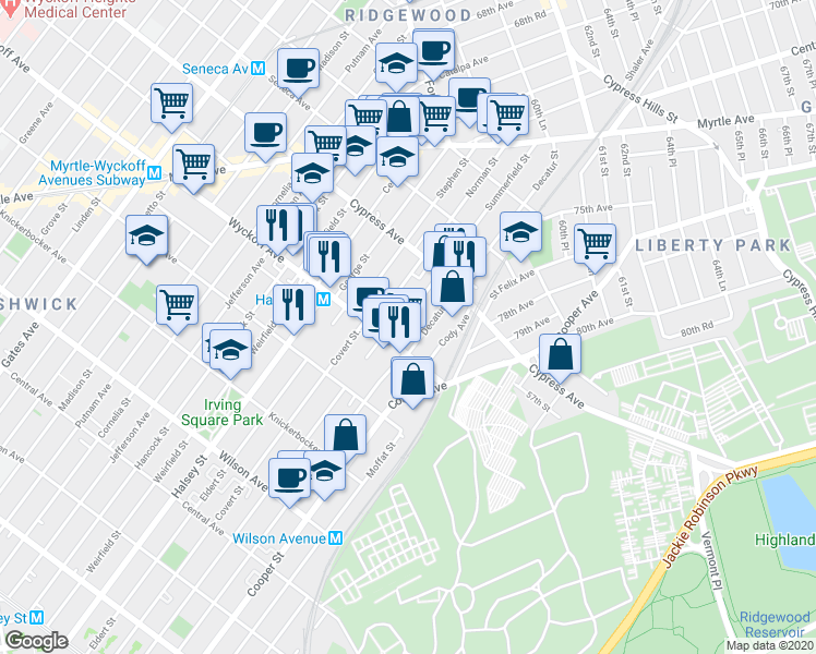 map of restaurants, bars, coffee shops, grocery stores, and more near 16-14 Summerfield Street in Queens