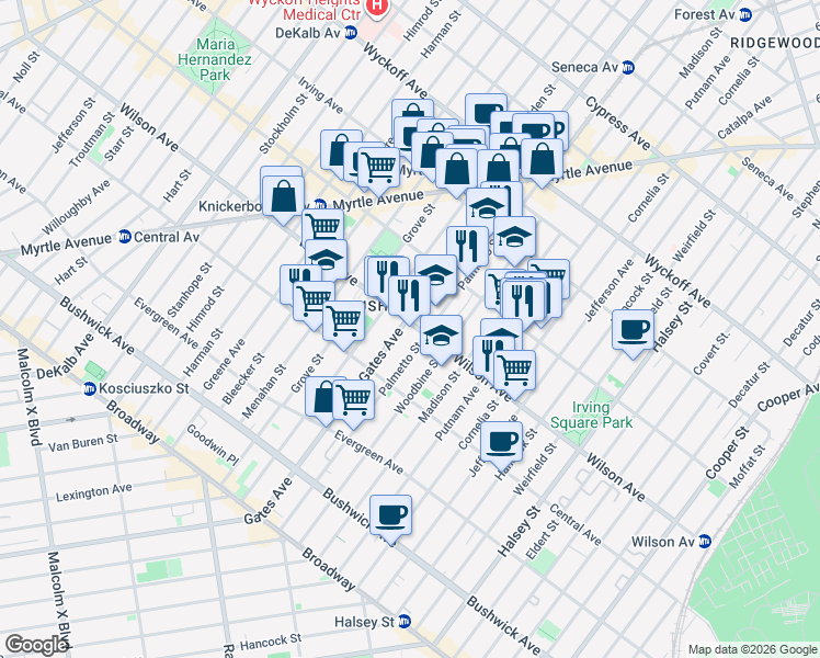 map of restaurants, bars, coffee shops, grocery stores, and more near 222 Palmetto Street in Brooklyn