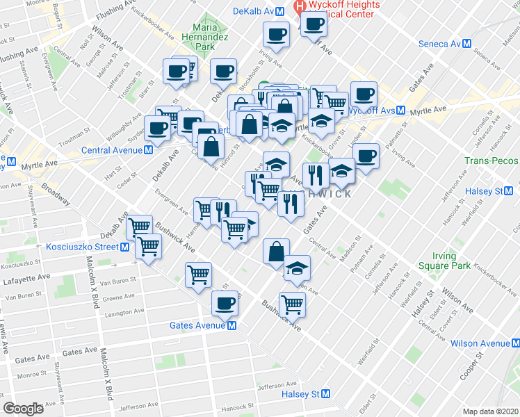 map of restaurants, bars, coffee shops, grocery stores, and more near 344 Central Avenue in Brooklyn