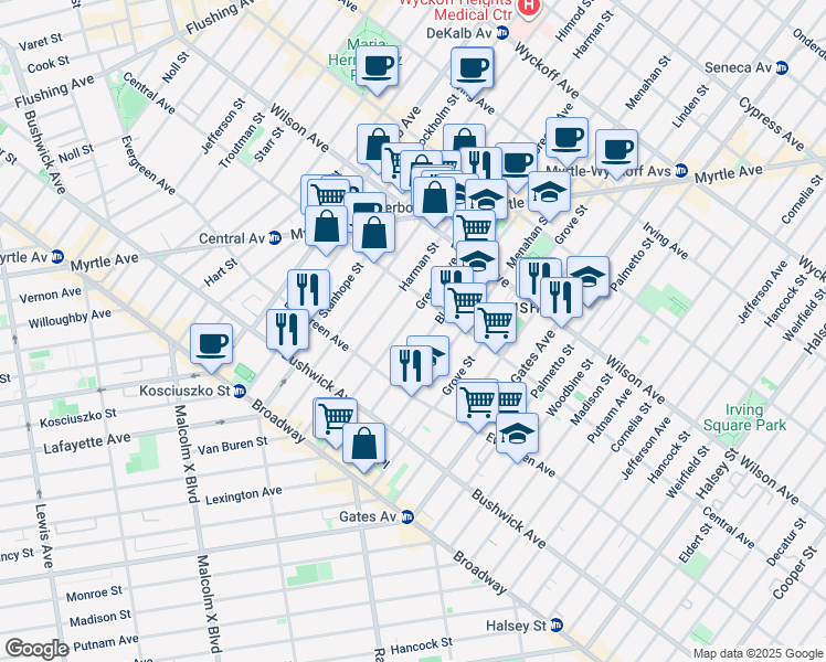 map of restaurants, bars, coffee shops, grocery stores, and more near in Brooklyn