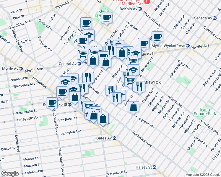 map of restaurants, bars, coffee shops, grocery stores, and more near 1161 Greene Avenue in Brooklyn