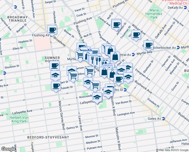 map of restaurants, bars, coffee shops, grocery stores, and more near 415 Hart Street in Brooklyn