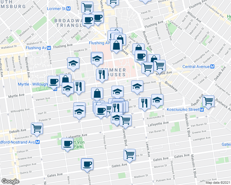 map of restaurants, bars, coffee shops, grocery stores, and more near 701 Willoughby Avenue in Brooklyn