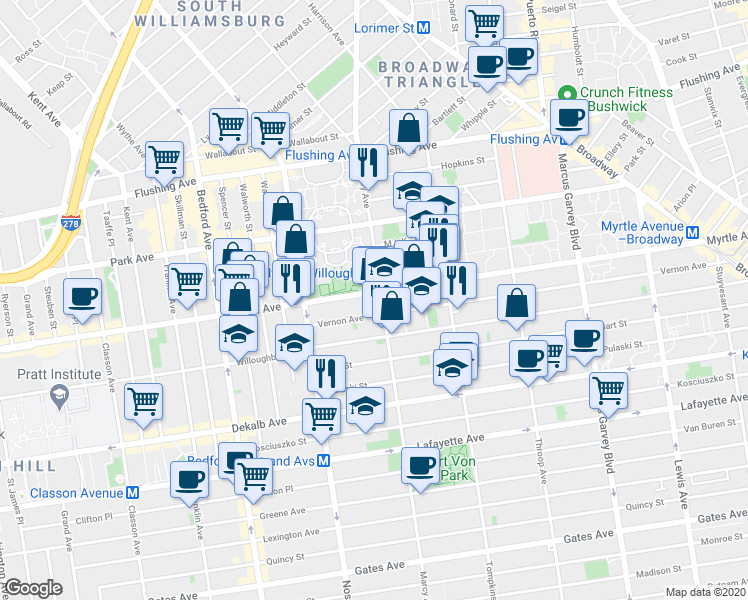 map of restaurants, bars, coffee shops, grocery stores, and more near 806 Myrtle Avenue in Brooklyn