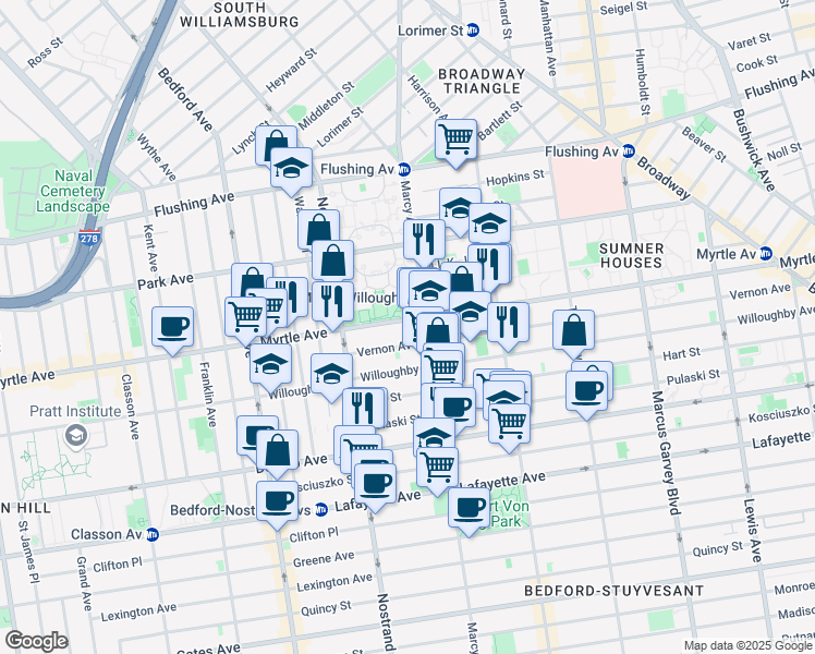 map of restaurants, bars, coffee shops, grocery stores, and more near 806 Myrtle Avenue in Brooklyn