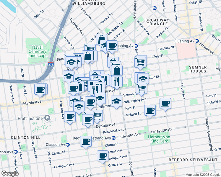 map of restaurants, bars, coffee shops, grocery stores, and more near 711B Myrtle Avenue in Brooklyn