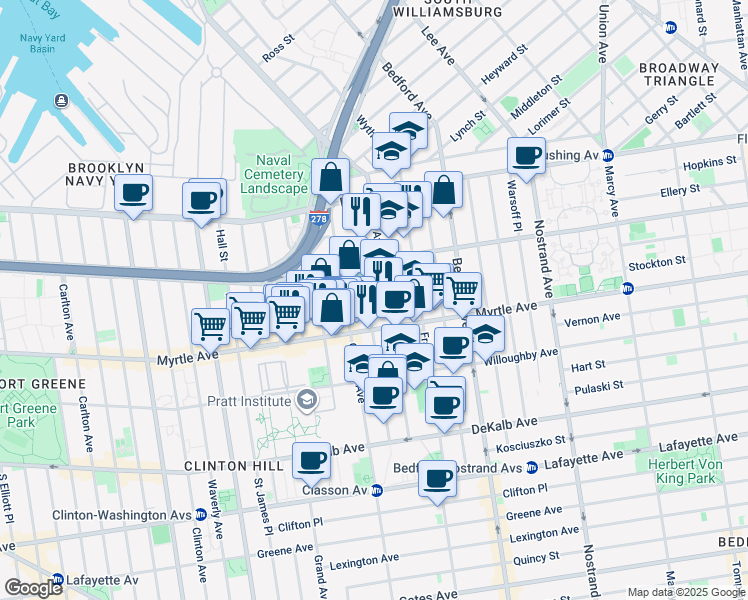 map of restaurants, bars, coffee shops, grocery stores, and more near 121 Taaffe Place in Brooklyn
