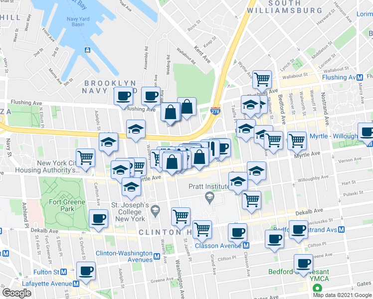 map of restaurants, bars, coffee shops, grocery stores, and more near 90 Ryerson Street in Brooklyn