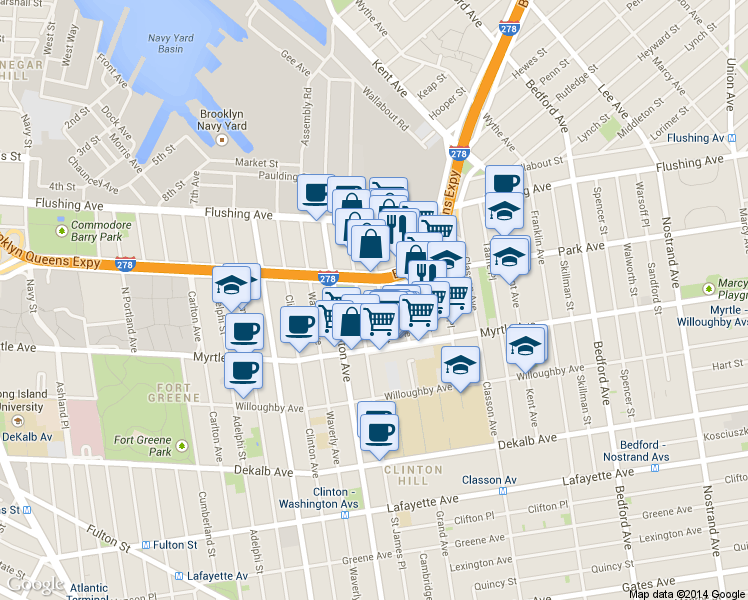 map of restaurants, bars, coffee shops, grocery stores, and more near 90 Ryerson Street in Brooklyn